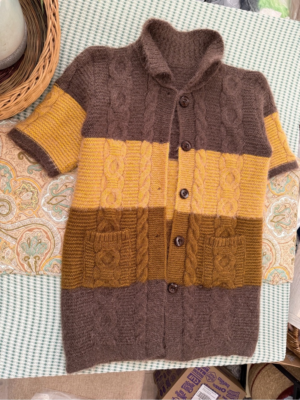 VTG Colorblock Cable Knit Short Sleeve Cardigan Brown Mustard Cottagecore Large - Picture 14 of 16